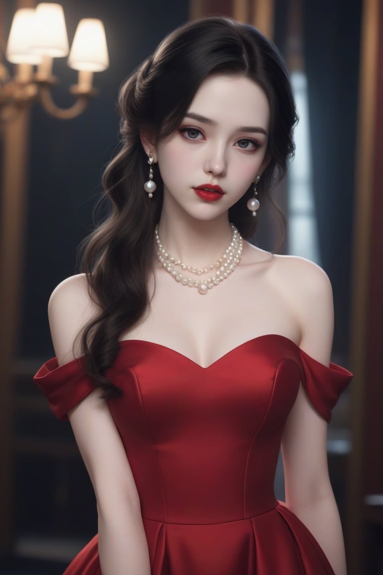 Ultra realistic,  Beautiful girl,  long_hair, black-hair, pale_skin,  red flowing dress, knee length dress, off the shoulders,  high heels,  makeup,  red lipstick, pearl necklace,  pearl earrings, masterpiece 