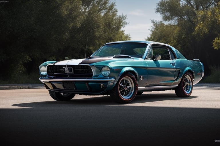 Ultra realistic, masterpiece, hd, complex_background, 1967 Ford Mustang Fastback, black, mag wheels, tinted windows,  photo shoot, outdoor lighting, ,photorealistic,  background reflections in paint