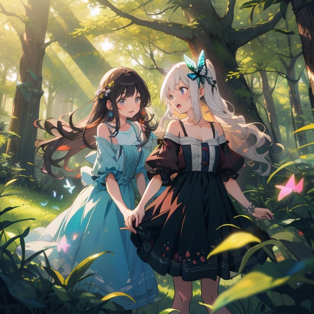 Anime, hd, bright colors, intense details,  two teen girls in dresses, playing in a magical forest. Surrounded by trees, playing in a clearing covered in grass, the girls are laughing and catching butterflies, both girls have long hair