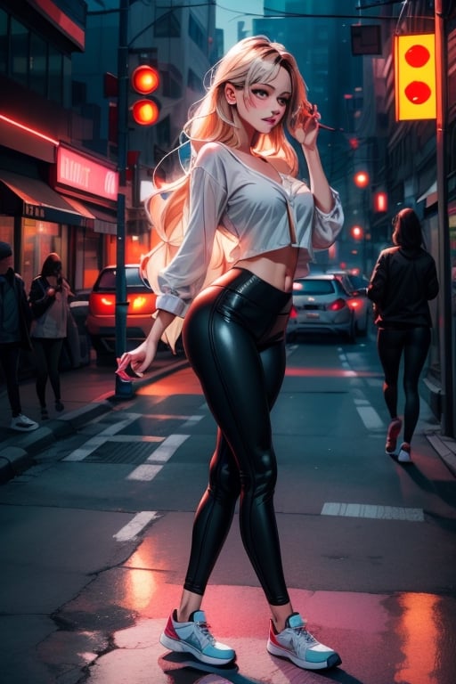 Masterpiece, hd, complex_background, 1 girl walking on the sidewalk of a busy neon lit street, long platinum_blonde_hair, yoga pants, loose fitting blouse, minimal makeup,  talking on her cell phone and gesturing, 