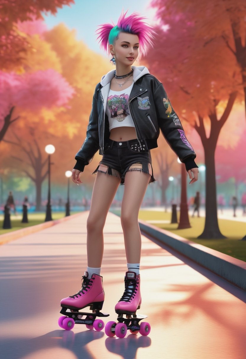 Ultra realistic, masterpiece, punk girl, roller skating, in park, realistic, key visual, vibrant, ambient lighting, highly detailed