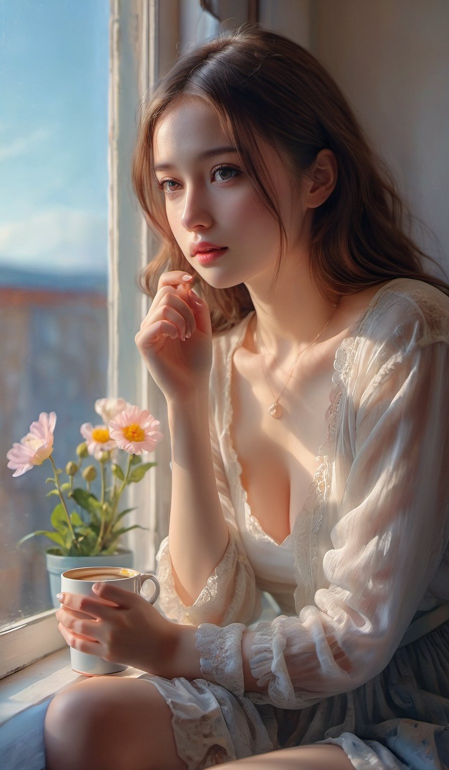 Oil painting, girl leaning against the window sill, resting her chin on the window and looking out the window, wide open window, (outside the window, various flowers are blooming in the flower bed), very delicate and soft lighting, details, Ultra HD, 8k, animated film, girl , holding a coffee cup, sitting on the window sill, holding a cup in both hands, shaking legs,