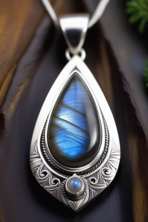 Ultra realistic, masterpiece, hd, complex_background, sterling silver triangular Pendant with teardrop labradorite cabochon, in the center, 