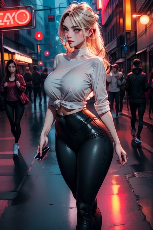 Masterpiece, hd, complex_background, 1 girl walking on the sidewalk of a busy neon lit street, long platinum_blonde_hair, yoga pants, loose fitting blouse, minimal makeup,  talking on her cell phone and gesturing, 