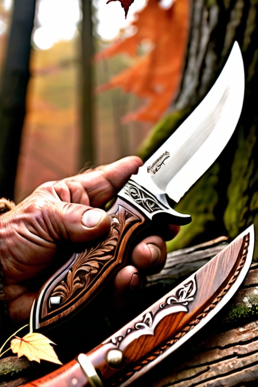 A close-up shot of a skilled craftsman's hands, gripping the worn wooden handle of his handmade hunting knife (as it rests snugly within its rich brown leather sheath). The camera frames the intricate carvings on the sheath, depicting a vivid hunting scene: a buck prancing through forest, leaves rustling in the autumn breeze. The craftsman's weathered hands seem to hold the storybook tale of the hunt itself.,shodanSS_soul3142