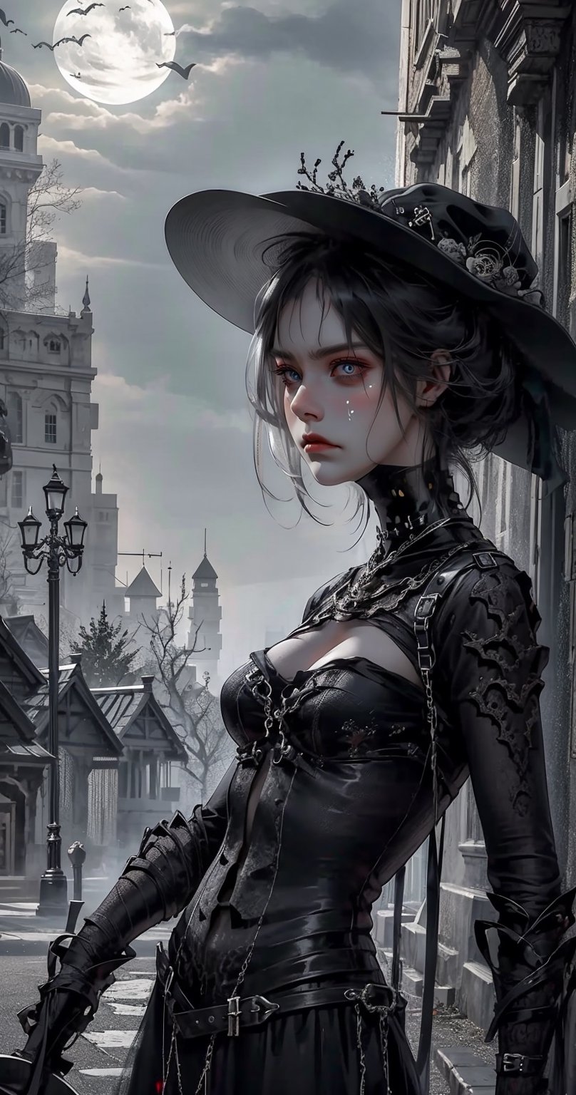 [(mature, strong demeanor:1.2) ::6], (darker gothic aesthetics:1.3), BREAK (1female, goth tomboy), tall stature, [messy pixie hair: black hair: 0.80], clad in medieval armor, brooding expression, Halloween night, (ominous atmosphere:1.4), (eerie moonlight:1.2), highly detailed, upper body
