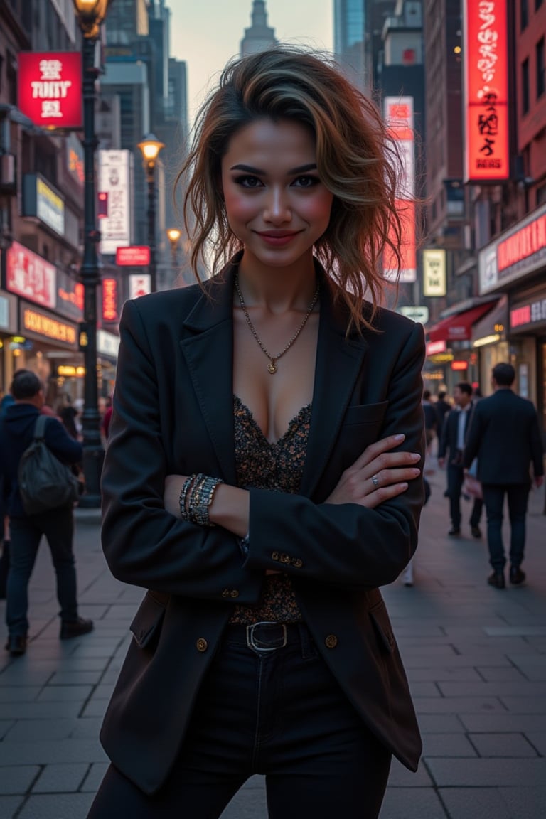 A woman poses confidently on Middle Street, her figure angled against a backdrop of vibrant city life. Her arms crossed and one leg bent, she exudes a playful, cheeky spirit. A smirk plays on her lips as if sharing a private joke. The urban landscape hums with activity, yet the subject remains centered, a striking contrast to the bustling atmosphere.