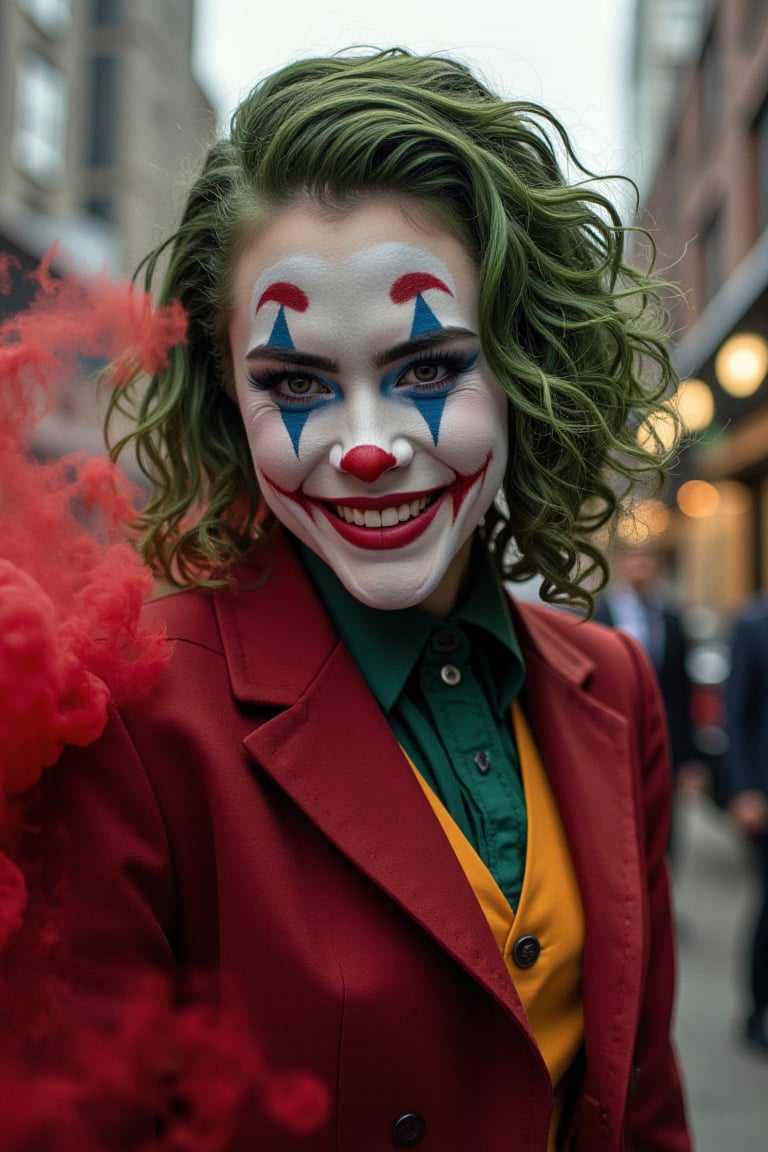 Art of a joker Joker's twisted grin wearing her makeup face,  her suit, red smoke , green hair, realistic city background 