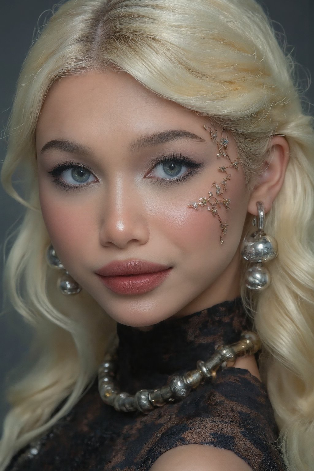 best quality, a goth girl, blonde hair, blue eyes, metallic adornments in the face, silver earings, black lipstick, insanely detailed eyes,pcv figure,