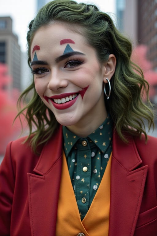 Art of a joker Joker's twisted grin wearing her makeup face,  her suit, red smoke , green hair, realistic city background 