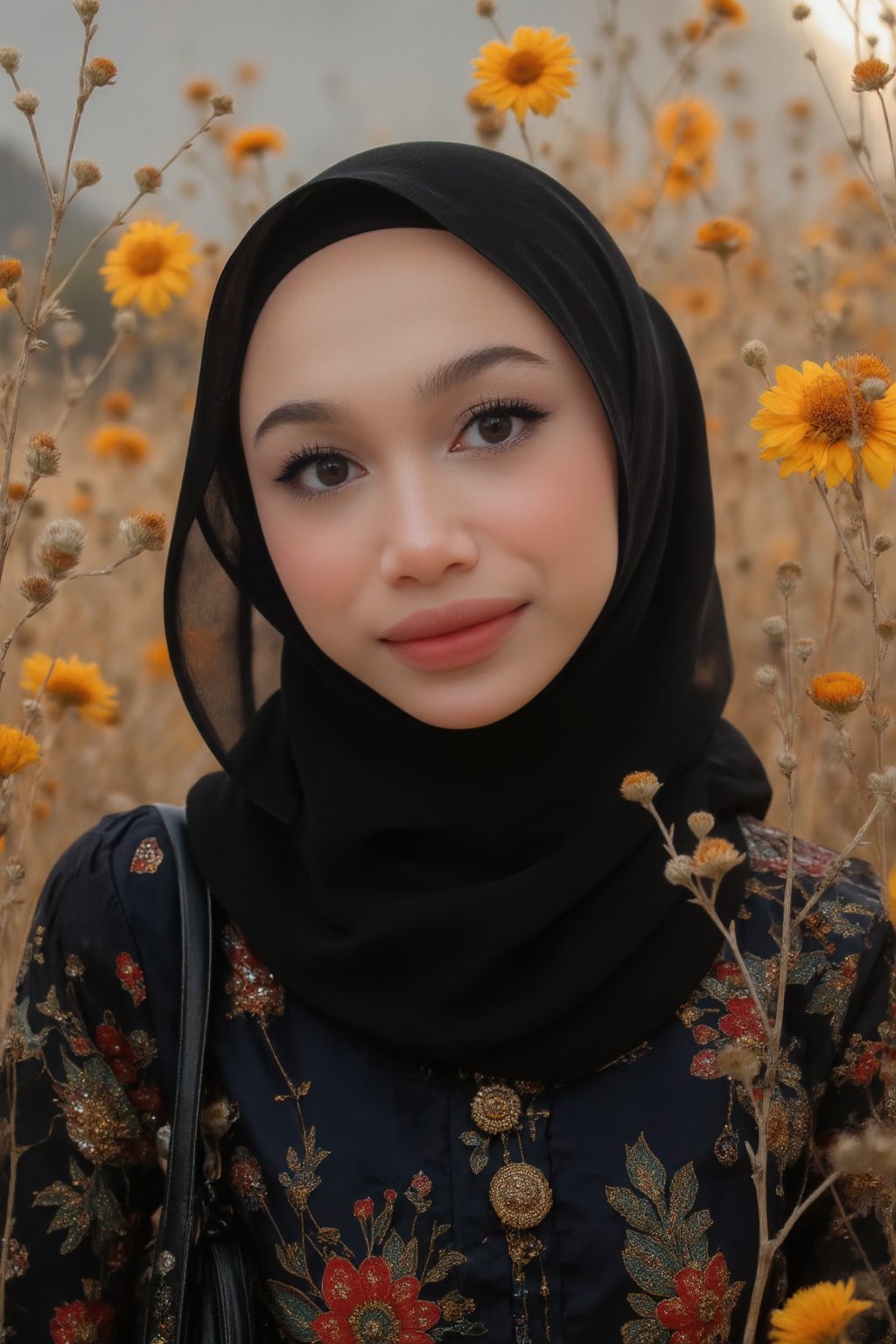 A pretty cute Malay girl in a Pixomeda style, vibrant and surreal. She is framed in a mid-shot, wearing a black hijab and a black-blue abaya, with a sweet expression. Soft, warm lighting highlights her elegant features and joyful demeanor. Her pose is relaxed, with a bright smile as the wind gently blows her abaya. The composition is balanced, with intricate details and a dreamlike atmosphere. The background is abstract and colorful, enhancing her cultural and ethereal presence.