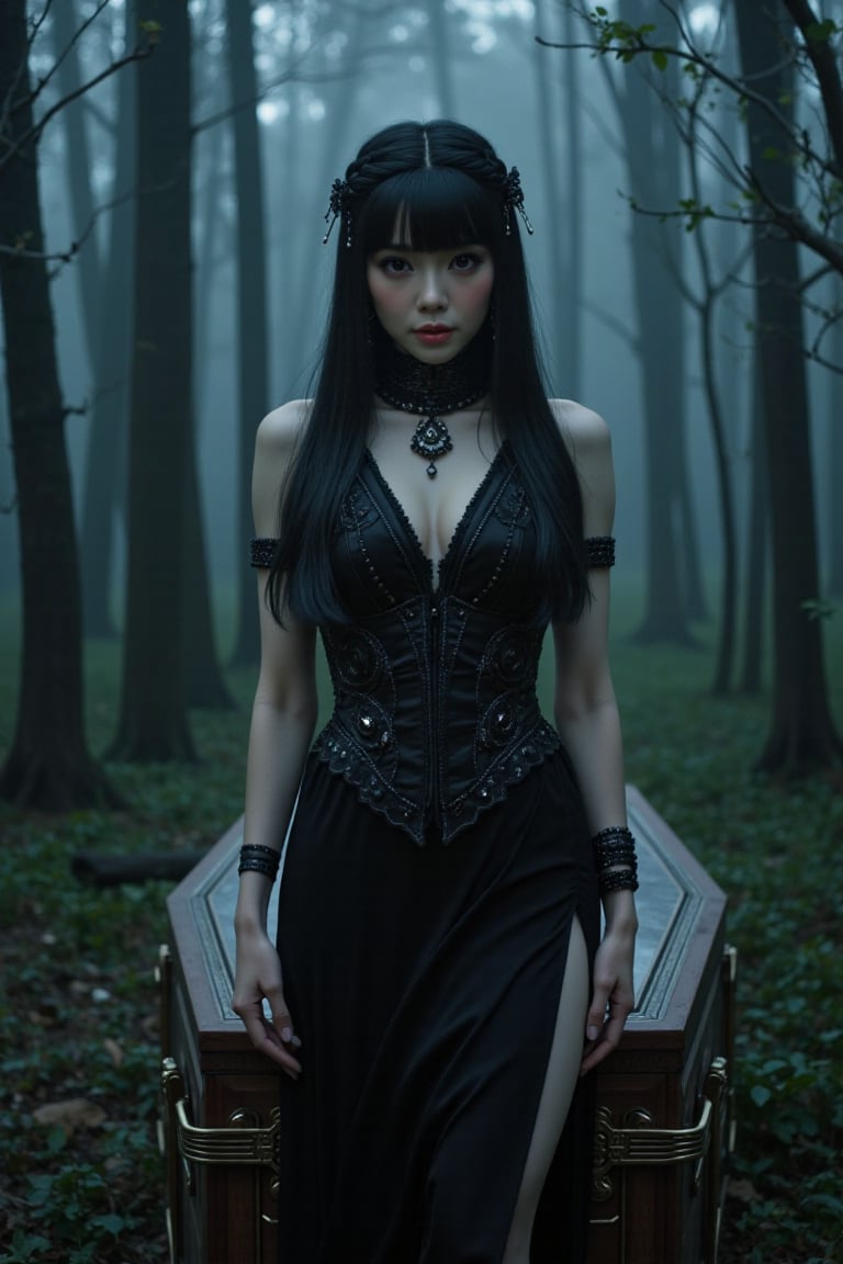 A cinematic masterpiece unfolds before us! A stunning woman stands solo in a 4K/8K frame, her pale skin and black hair striking against the dark night. Her long locks cascade down her back, secured by a side braid and blunt bangs. Ruby red eyes gleam, offset by droopy, unclear orbs. Black eyeliner and eye shadow accentuate her heterochromia. She wears a China dress with a sheath-like skirt, complete with fang-adorned accessories. The jiangshi costume is a perfect blend of horror and mystique. A storm rages outside, casting foggy shadows as our heroine stands before us, looking directly at the viewer with a paw pose, frozen in fear. In front of her looms an ominous coffin, set amidst the forest's dark silence.