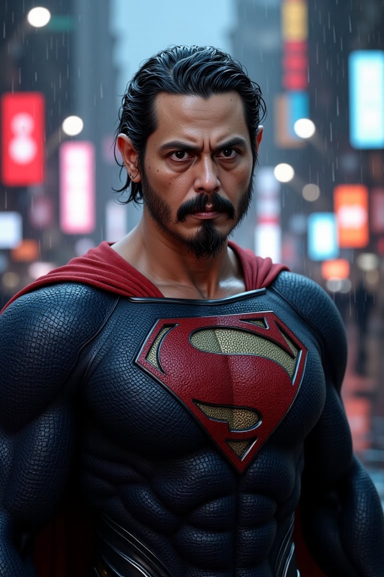 A masterclass portrait of DC Superman stands tall in a cyberpunk metropolis, bathed in the glow of neon lights and the soft focus of bokeh. Rain pours down in sheets, casting a dramatic veil over the scene as Superman's serious gaze pierces through the darkness. Every line and detail is hyper-realistically rendered, from the fabric of his suit to the subtle creases on his face. The heavy rain creates a sense of depth and texture, with water droplets glistening like diamonds in the city lights that illuminate the background. Zbrush Central presents this award-winning photograph in stunning clarity, showcasing Superman's full growth and imposing presence.