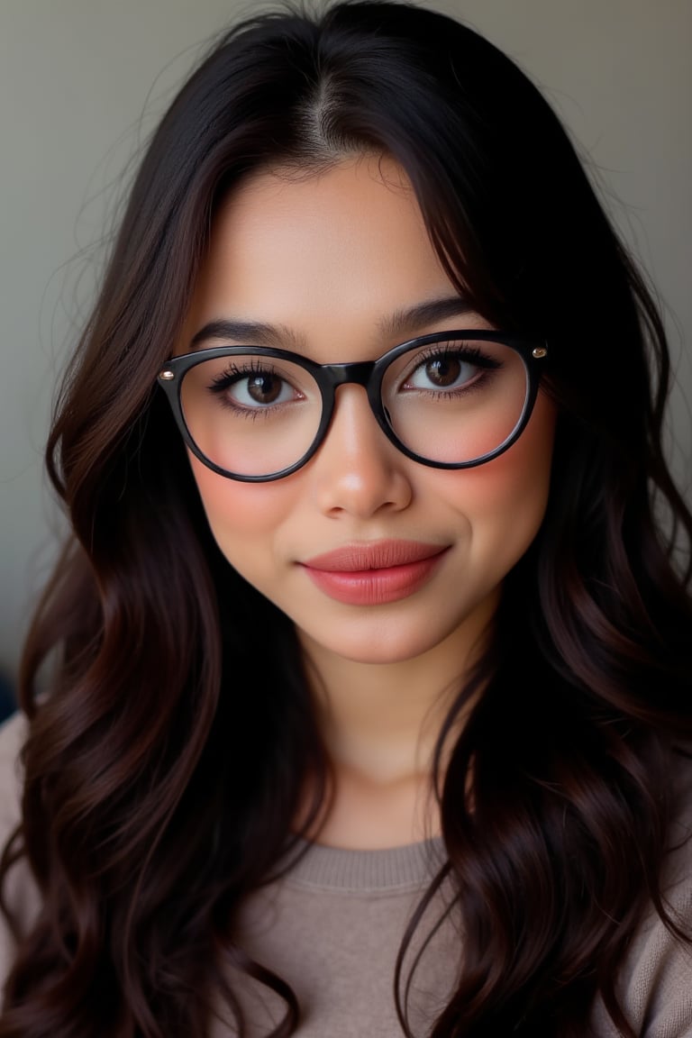  a realistic photo of a [very pretty 26 year old woman], with [long, wavy, dark hair], wearing [thick nerd glasses], light makeup, looking [innocent, cute, flushed], [light] skin