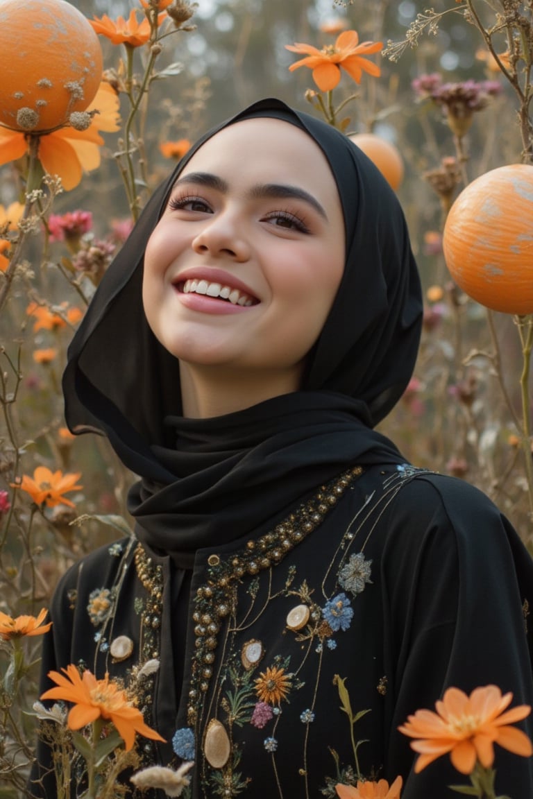 A whimsical Malay woman in a surreal, vibrant scene, shot mid-frame, donning a black hijab and flowing black-blue abaya. Warm lighting accentuates her gentle features and radiant smile as she relaxes amidst swirling colors and abstract shapes. Her abaya blows softly in the breeze, framing her joyful expression. Intricate details dance across her attire, juxtaposed against a dreamlike backdrop that amplifies her cultural essence.