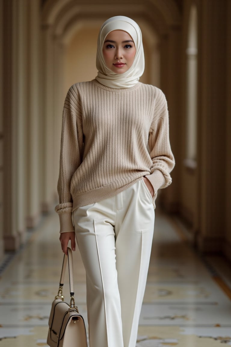 Elegant young woman stands confidently on the floor, beige sweater and white pants blending seamlessly, subtle folds and creases accentuating her poised demeanor. Her hands grasp a sleek white hijab, handbag clutched securely by her side as she exudes quiet confidence. The shallow depth of field blurs the background, emphasizing the subject's crisp detail against moody, cinematic lighting that casts dramatic shadows. Vignette and bokeh effects add texture, film grain, and an expansive cinemascope composition create a high-end visual experience, transporting the viewer to a luxurious, exclusive world.