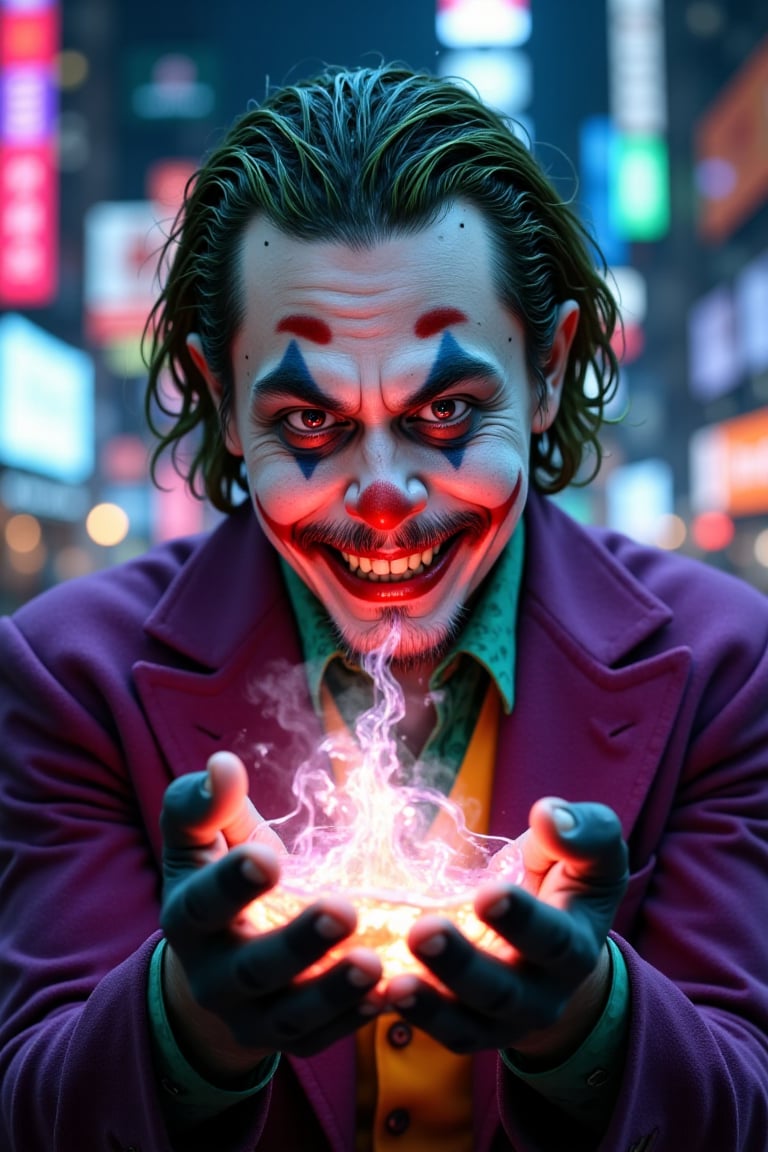 Medium shot of the Joker's maniacal grin, gleaming with mischievous intent as he cradles a radiant, iridescent potion in his gloved hand against the neon-drenched cityscape. The potion's luminescent tendrils swirl across his fingers, casting an ethereal glow on his face. Vibrant colors and sharp contrasts dominate the scene, capturing the Joker's mesmerizing intensity amidst the urban fantasy landscape of towering skyscrapers and pulsing streetlights.