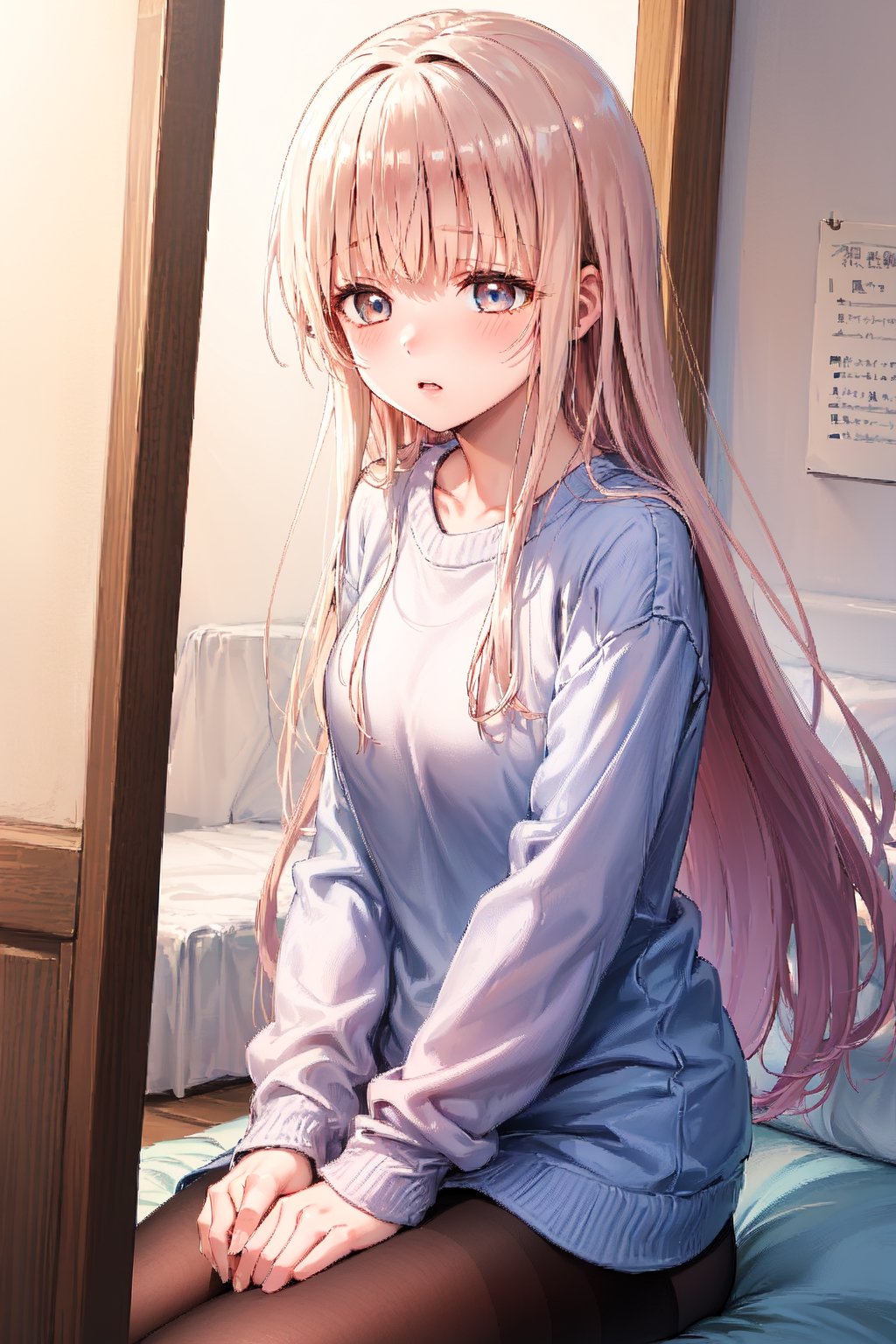 1 girl, otaku, disheveled, with long pink hair, blue eyes, with a lost look, trembling lips, wearing a pink sweatshirt, black pantyhose