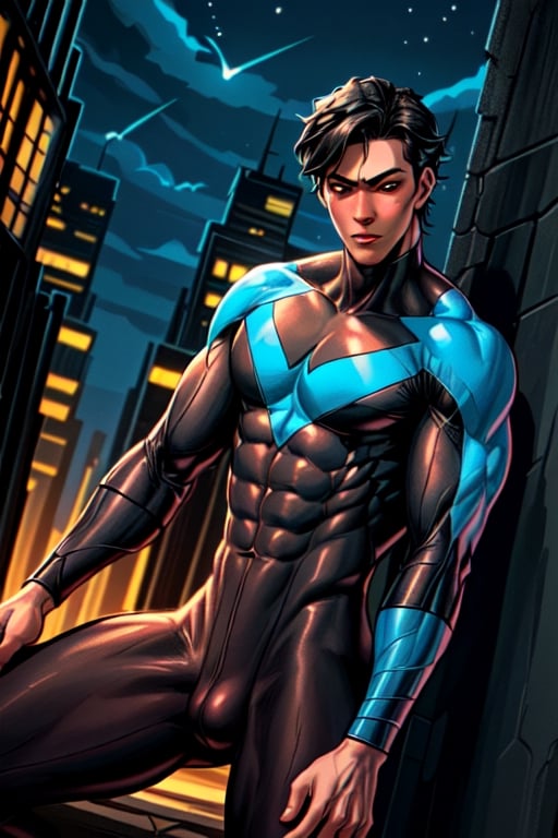 highly detailed, high quality, masterpiece, medium shot, beautiful, boy, alone, nightwing, sensual pose, sensual face, detailed background, night city, muscular