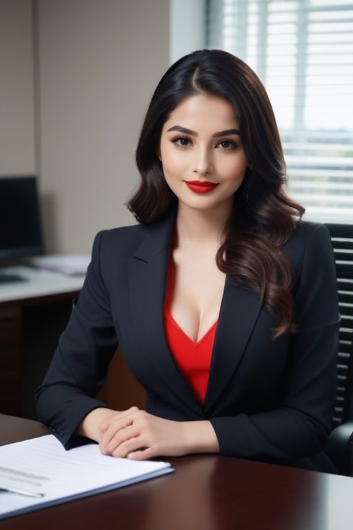 red lips, beautiful girl, wearing suit, cleavage, beautiful eyes, jawline, black long hair, black eyes, full body, realistic, looking at camera, cute smile,  bindi, seating on office table, 