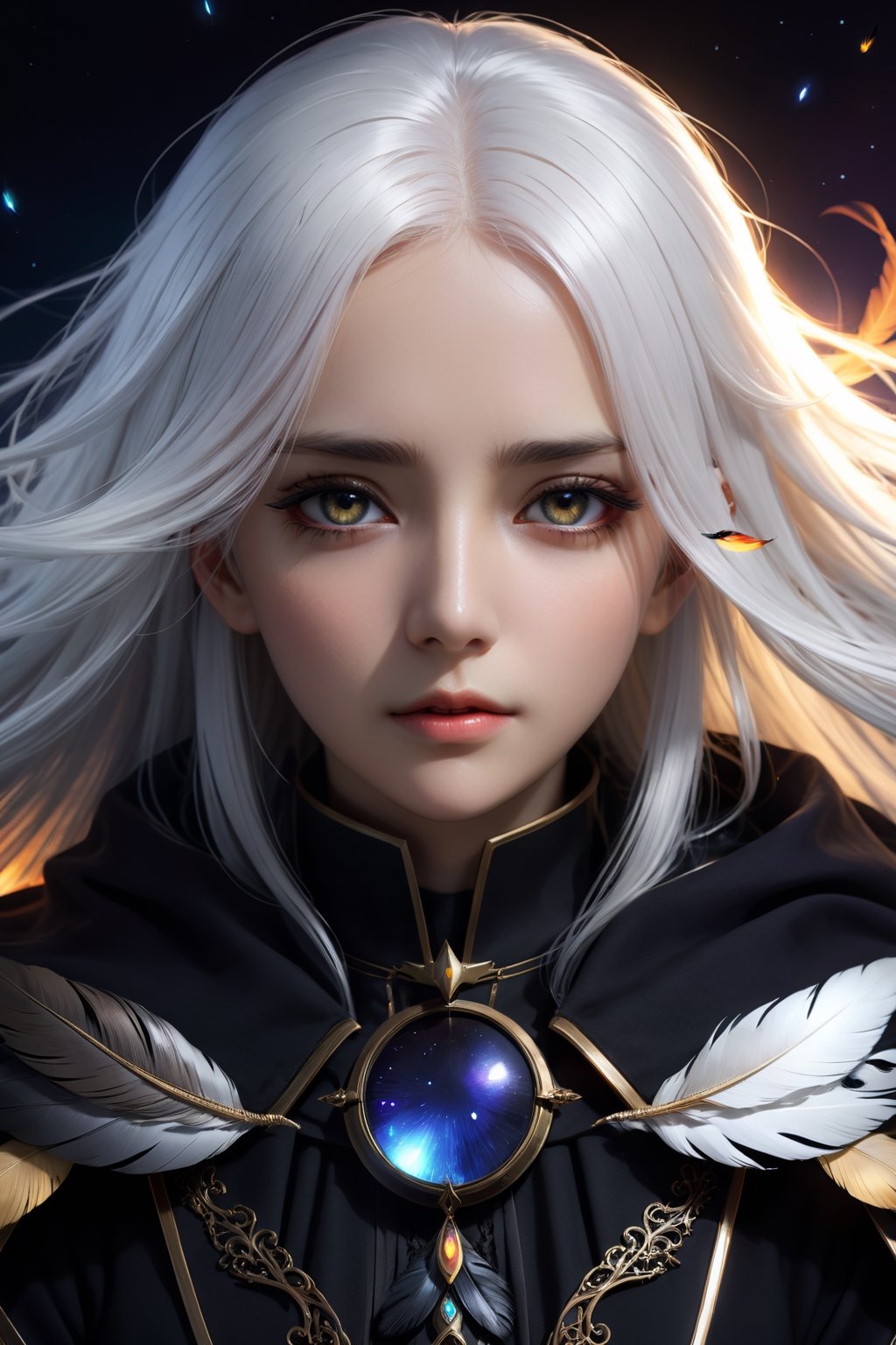 high quality, high detail, masterpiece, beautiful, (general plane
), 1 girl, large white hair, dark clothes whit dark feather details, covered eyes with a cloth dark, animeliner, desillusionRGB, portrait, sad, closeup, sci-fi, fantasy,nodf_lora,Beautiful Portrait,firefliesfireflies,more detail XL