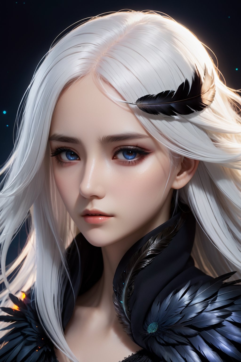 high quality, high detail, masterpiece, beautiful, (mid plane), 1 girl, large white hair, dark clothes whit dark feather details, covered eyes with a cloth dark, animeliner, desillusionRGB, portrait, sad, closeup, sci-fi, fantasy,nodf_lora,Beautiful Portrait,firefliesfireflies,more detail XL