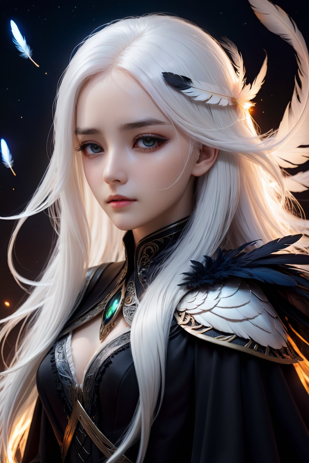 high quality, high detail, masterpiece, beautiful, (mid plane), 1 girl, large white hair, dark clothes whit dark feather details, covered eyes with a cloth dark, animeliner, desillusionRGB, portrait, sad, closeup, sci-fi, fantasy,nodf_lora,Beautiful Portrait,firefliesfireflies,more detail XL