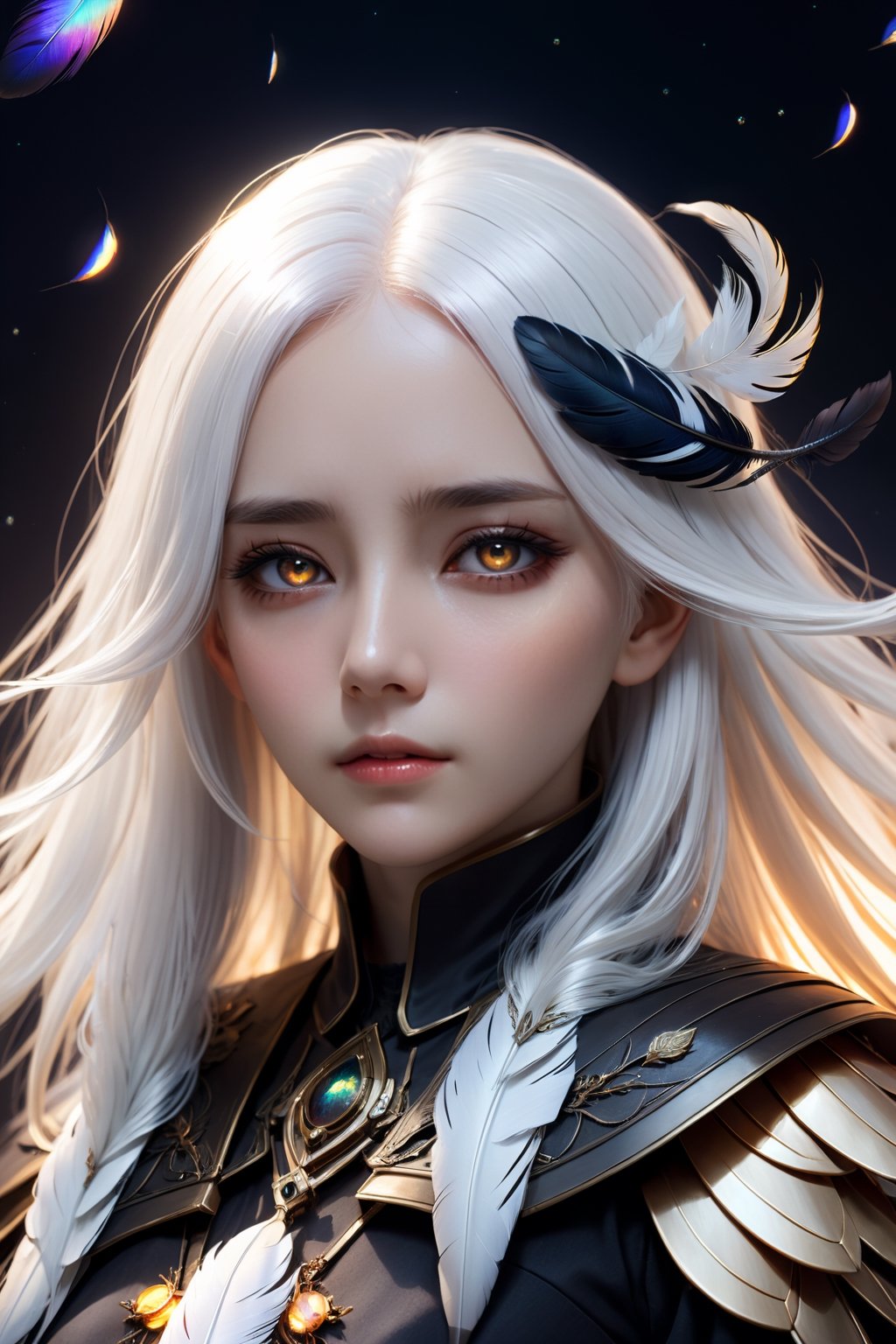 high quality, high detail, masterpiece, beautiful, (general plane
), 1 girl, large white hair, dark clothes whit dark feather details, covered eyes with a cloth dark, animeliner, desillusionRGB, portrait, sad, closeup, sci-fi, fantasy,nodf_lora,Beautiful Portrait,firefliesfireflies,more detail XL