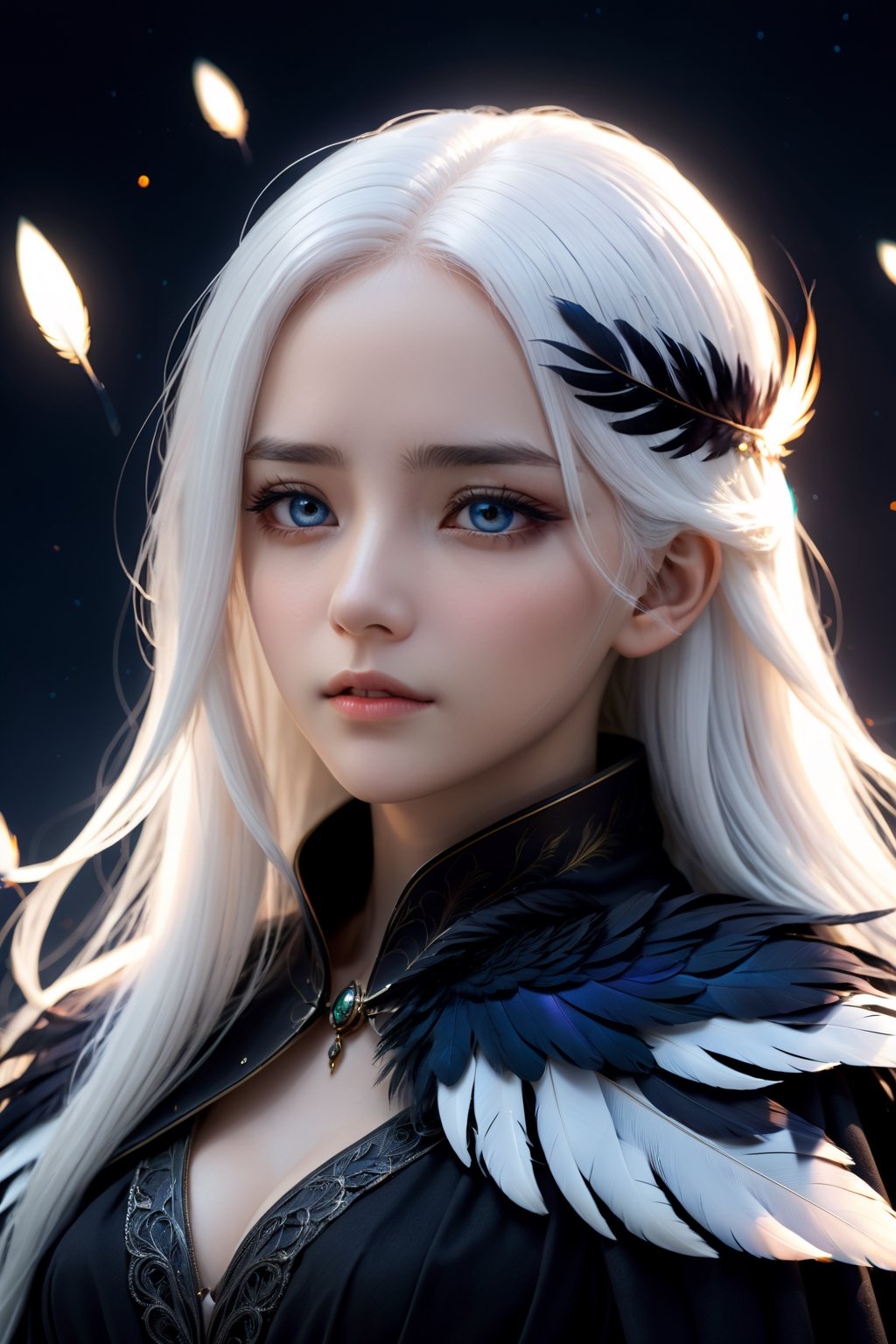 high quality, high detail, masterpiece, beautiful, (mid plane), 1 girl, large white hair, dark clothes whit dark feather details, covered eyes with a cloth dark, animeliner, desillusionRGB, portrait, sad, closeup, sci-fi, fantasy,nodf_lora,Beautiful Portrait,firefliesfireflies,more detail XL