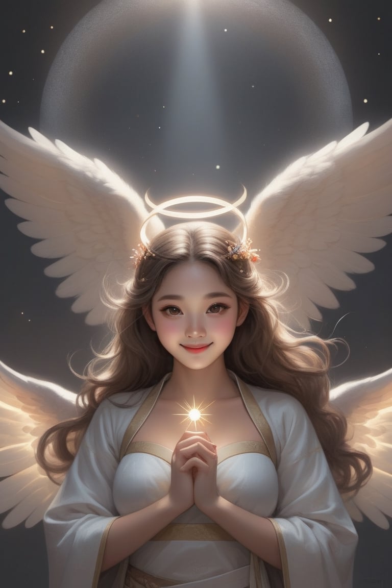 An angel ,smiling,Bambi eyes,flat_chested,open eyes,frontal view,half body diagram,holding the light in hand,real person,looking ahead,ral-chrcrts,fair skin,round and plump face ,Hanbok,light gauze robe