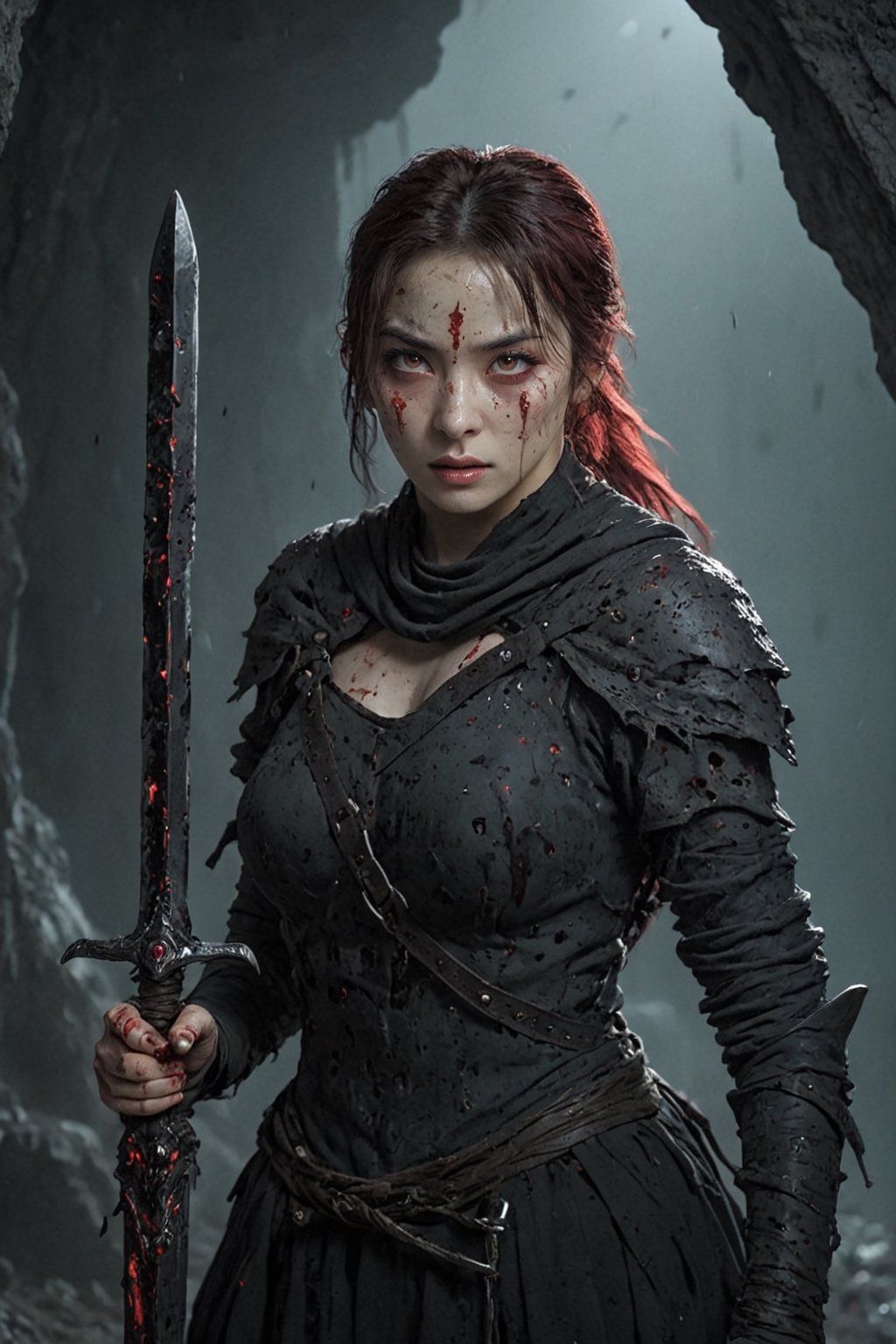 fierce woman warrior woman holding a sword, covered in blood. Her eyes glow in the dark with red light. Her sword and armourared are medieval crusader ,broken plates, rusty and dirty. She wears no helmet. She stands in a cave, figthing demons,fighter og god, light seeping in.,sooyaaa,ct-niji2,DonMn1ghtm4reXL,jennierubyjenes