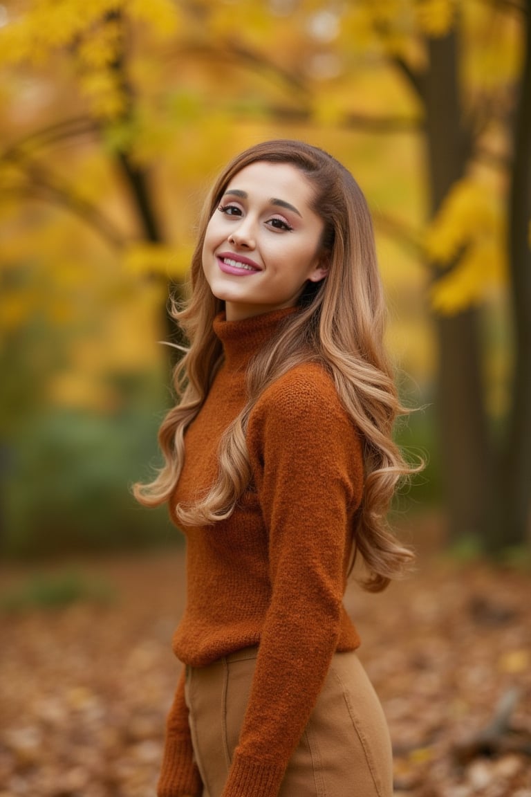 a beautiful young woman wearing brown turtle neck sweater and brown mini skirt fall background 