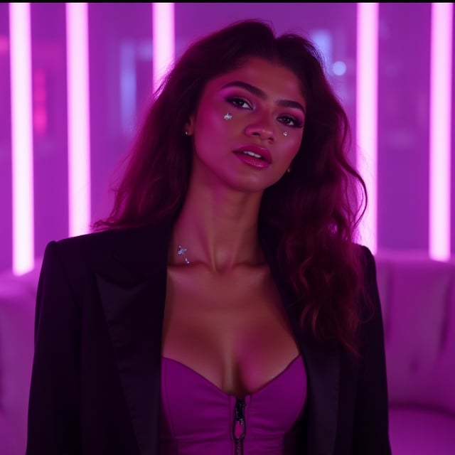 (Zendaya), young, and beautiful woman, with very accentuated features, perfect body with ideal proportions, perfect eyes, perfect smile, no makeup, long dark brown hair. Realism, Movie Still,DonMn1ghtm4reXL,ink ,style, UHD, 8K, intricate, highly detailed, perfect volumetric light, epic light, aura,vintage_p_style, GLOWING, at club, purple and pink lights, wearing magenta corset dress and black blazer and black slacks. Tired look, no makeup, glitter dripping from eyes, crying, stars on cheeks. long curly brown hair, euphoric, flipping camera off 