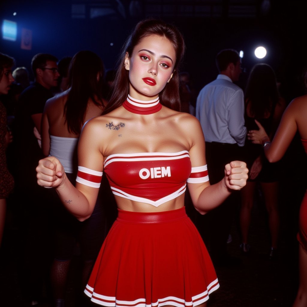 Amateur full-body snapshot of a petite college student in a red cheerleader costume at a Halloween party. 90s flair. From a 90s photoalbum. The image has a spontaneous feel. Her cleavage is clearly visible. Disco lights. Camera flash, Ideal proportions 