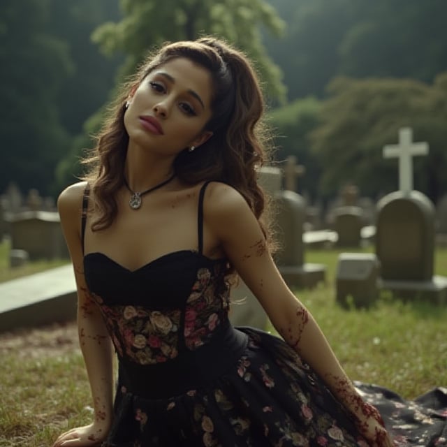 Ariana Grande, young, woman, very accentuated features, perfect body with ideal proportions, perfect eyes, perfect smile, natural look, hair in half up half down curly ponytail, dark brown hair with honey blonde tips, long hair. Realism,Movie Still,DonMn1ghtm4reXL,ink ,style, UHD, 8K, intricate, highly detailed, perfect volumetric light, epic light, aura,vintage_p_style, wearing black corset, cinematic, movie still, laying on the ground, with blood on and face,, kneeling on the ground in a cemetery. blood splattered, smoking cigarette 