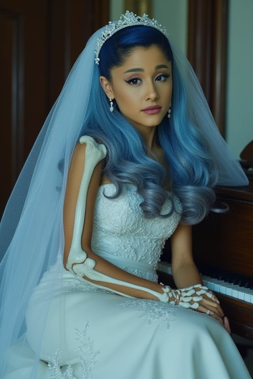 An Ariana Grande, dressed in a white tight fitted ripped wedding dress, ripped white vail, dramatic eyeliner, pale blue skin, dark blue eyeshadow, dead look, Tim Burton, plump lips, perfect face, long dramatic lashes, highly detailed, skeleton arm, corpse, sunken eyes, light blue skin, long blue hair, skeleton ribs. Sitting by an old piano zombie like 