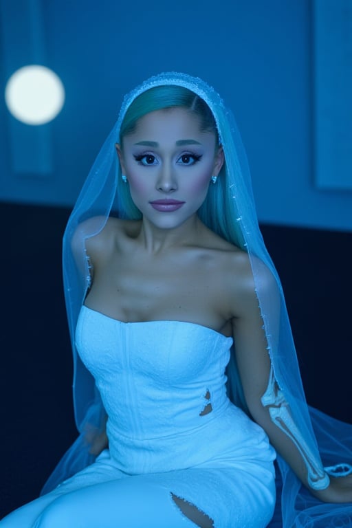 An Ariana Grande, dressed in a white tight fitted ripped wedding dress, ripped white vail, dramatic eyeliner, pale blue skin, dark blue eyeshadow, dead look, Tim Burton, plump lips, perfect face, long dramatic lashes, highly detailed, skeleton arm, corpse, sunken eyes, light blue skin, long blue hair, skeleton ribs. Sitting in the soft blue moonlight, moon in the background 




