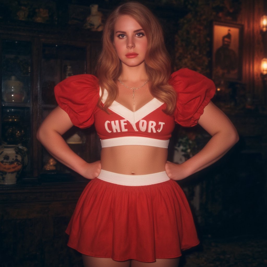 Amateur full-body snapshot of a petite college student in a red cheerleader costume at a Halloween party. 90s flair. From a 90s photoalbum. The image has a spontaneous feel. Her cleavage is clearly visible. Disco lights. Camera flash, Ideal proportions 