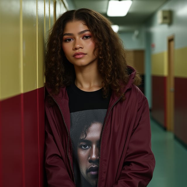 Zendaya, young, and beautiful woman, very accentuated features, perfect body with ideal proportions, perfect eyes, perfect smile, dark brown hair, curly hair. Realism,Movie Still,DonMn1ghtm4reXL,ink ,style, UHD, 8K, intricate, highly detailed, perfect volumetric light, epic light, aura,vintage_p_style,GLOWING, full body movie still in school hallway, wearing maroon jacket  open jacket showing oversized band t shirt. black sneakers, no makeup, tired look, tomboy, long curly hair, hood over head, leaning against locker 