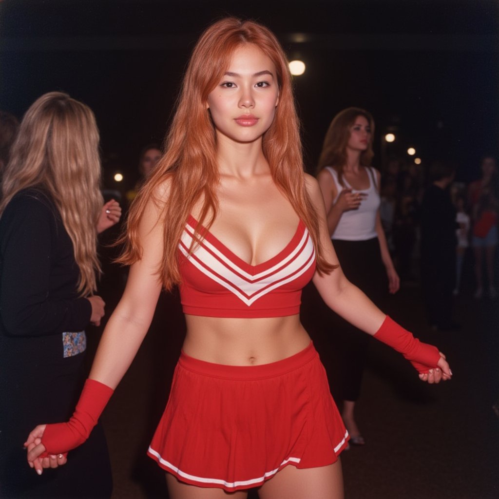 Amateur full-body snapshot of a petite college student in a red cheerleader costume at a Halloween party. 90s flair. From a 90s photoalbum. The image has a spontaneous feel. Her cleavage is clearly visible. Disco lights. Camera flash, Ideal proportions,,MeganFoxFlux