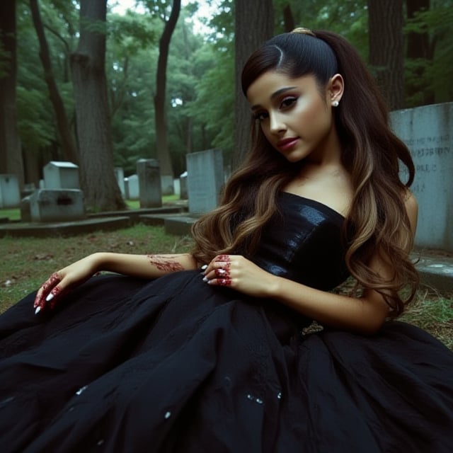 Ariana Grande, young, woman, very accentuated features, perfect body with ideal proportions, perfect eyes, perfect smile, natural look, hair in half up half down curly ponytail, dark brown hair with honey blonde tips, long hair. Realism,Movie Still,DonMn1ghtm4reXL,ink ,style, UHD, 8K, intricate, highly detailed, perfect volumetric light, epic light, aura,vintage_p_style, wearing black gown corset, cinematic, movie still, laying on the ground, with blood on body and face, full body, laying in a cemetery 