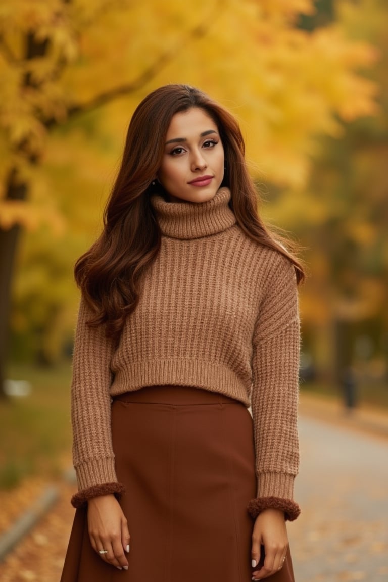 a beautiful young woman wearing brown turtle neck sweater and brown mini skirt fall background 