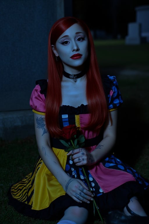 An Ariana Grande dressed In Sally costume from nightmare before Christmas, sitting in graveyard at night, red long hair, closeup, dramatic eyeliner, blue skin, stitches on face, stitched body, stitched short sleeve dress with yellow, pink, black, and blue patches with striped, polka dot, and different patterns stitched together, Tom Burton, dead look, holding dead rose, red lipstick, beautiful face, stitched mouth, wearing black shoes with ruffle socks, eyeshadow, plump lips, perfect face, long lashes. waist up, close up , highly detailed, black stitches, 