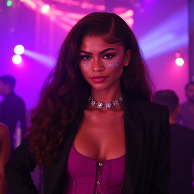 (Zendaya), young, and beautiful woman, with very accentuated features, perfect body with ideal proportions, perfect eyes, perfect smile, no makeup, long dark brown hair. Realism, Movie Still,DonMn1ghtm4reXL,ink ,style, UHD, 8K, intricate, highly detailed, perfect volumetric light, epic light, aura,vintage_p_style, GLOWING, at club, purple and pink lights, wearing magenta corset dress and black blazer and black slacks. Tired look, no makeup, glitter dripping from eyes, crying, stars on cheeks. long curly brown hair, euphoric, flipping camera off 