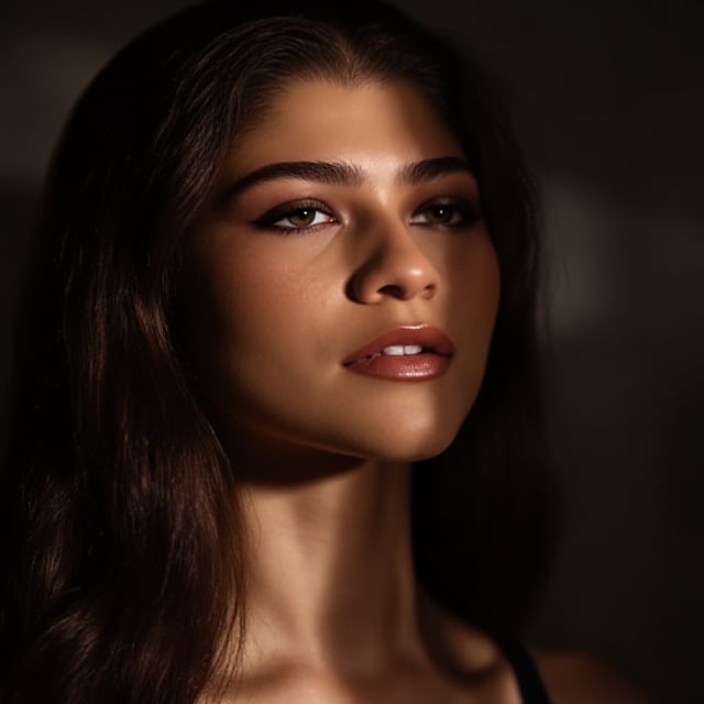 zendaya, young, woman, very accentuated features, perfect body with ideal proportions, perfect eyes, perfect smile, no makeup, tired look, natural look, tomboy, dark hair, long wavy hair. Realism,Movie Still,DonMn1ghtm4reXL,ink ,style, UHD, 8K, intricate, highly detailed, perfect volumetric light, epic light, aura,vintage_p_style, looking up, glitter under eyes. no lipstick, dark eyeshadow.   