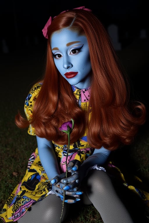 An Ariana Grande dressed In Sally costume from nightmare before Christmas, sitting in graveyard at night, red long hair, closeup, dramatic eyeliner, blue skin, stitches on face, stitched body, stitched short sleeve dress with yellow, pink, black, and blue patches with striped, polka dot, and different patterns stitched together, Tom Burton, dead look, holding dead rose, red lipstick, beautiful face, stitched mouth, wearing black shoes with ruffle socks, eyeshadow, plump lips, perfect face, long lashes. waist up, close up , highly detailed, black stitches, 