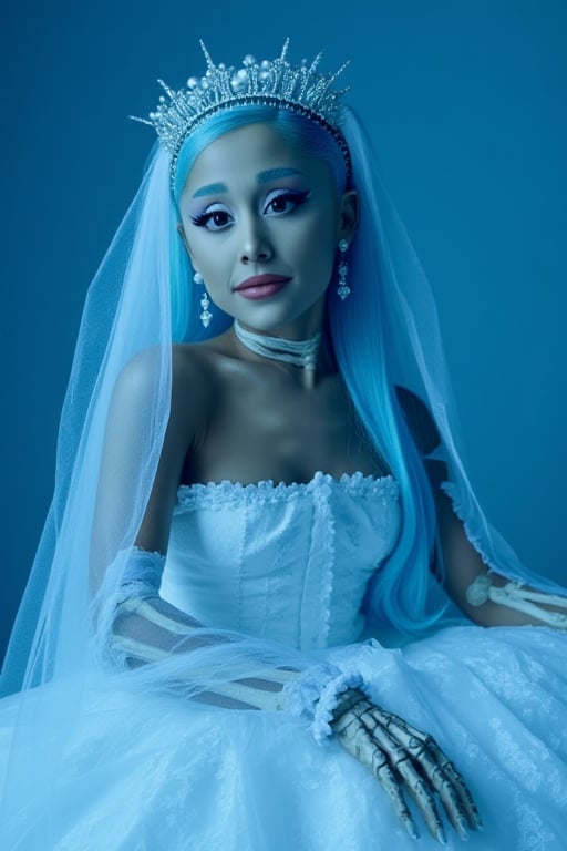 An Ariana Grande, dressed in a white tight fitted ripped wedding dress, ripped white vail, dramatic eyeliner, pale blue skin, dark blue eyeshadow, dead look, Tim Burton, plump lips, perfect face, long dramatic lashes, highly detailed, skeleton arm, corpse, sunken eyes, light blue skin, long blue hair, skeleton ribs. Sitting in the soft blue moonlight




