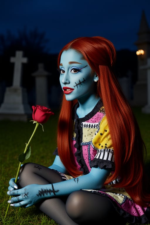 An Ariana Grande dressed In Sally costume from nightmare before Christmas, sitting in graveyard at night, red long hair, closeup, dramatic eyeliner, blue skin, stitches on face, stitched body, stitched short sleeve dress with yellow, pink, black, and blue patches with striped, polka dot, and different patterns stitched together, Tom Burton, dead look, holding dead rose, red lipstick, beautiful face, stitched mouth, wearing black shoes with ruffle socks, eyeshadow, plump lips, perfect face, long lashes. waist up, close up , highly detailed, black stitches, sitting cutely on grass, perfect anatomy, ideal proportions, good lighting 