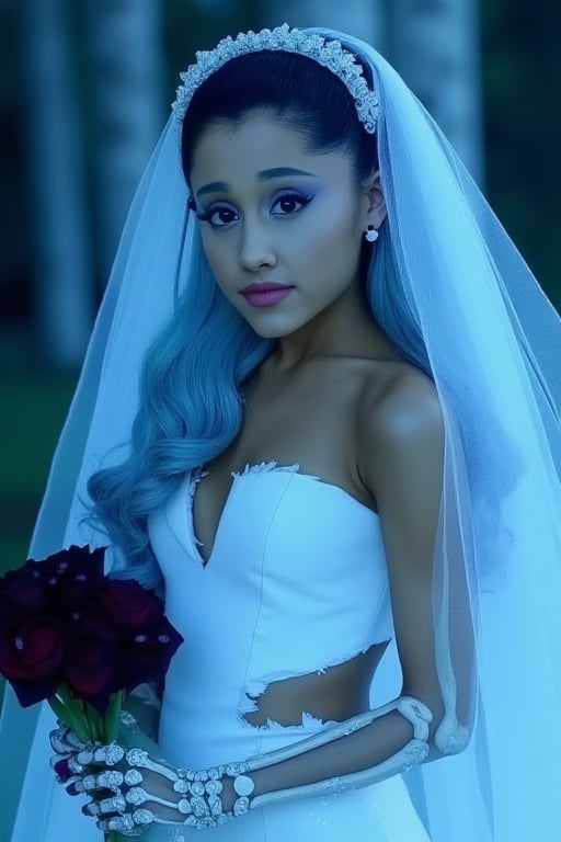 An Ariana Grande, dressed in a white tight fitted ripped wedding dress, ripped white vail, dramatic eyeliner, pale blue skin, dark blue eyeshadow, dead look, Tim Burton, plump lips, perfect face, long dramatic lashes, highly detailed, skeleton arm, corpse, sunken eyes, light blue skin, long blue hair, skeleton ribs. Standing in the soft blue moonlight holding black rose 