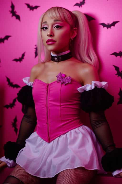 An Ariana Grande, dressed in hot pink corset with white ruffle top with glitter pink bat clip, black mesh long sleeves with white ruffled ends, and white mini skirt fishnet leggings, in pink and black vampire room, pink and black highlighted hair in high pigtails with bangs, dramatic eyeliner, pale skin, pink eyeshadow, plump pink lips vampire vangs, pink small heart on cheek, perfect face, long dramatic lashes, highly detailed, silver earrings, vampire, long black and pink platform boots, gothic style, Halloween, bats 